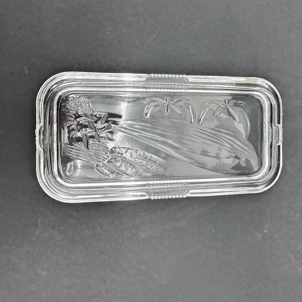 Federal Glass Refrigerator Dish Lid Vintage 8.5x4.25 Clear Embossed Vegetable